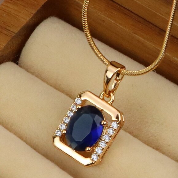 "Rose Gold Rectangle Pendant with Blue Stone and Crystal Accents, XPPT1276 - Picture 1 of 13